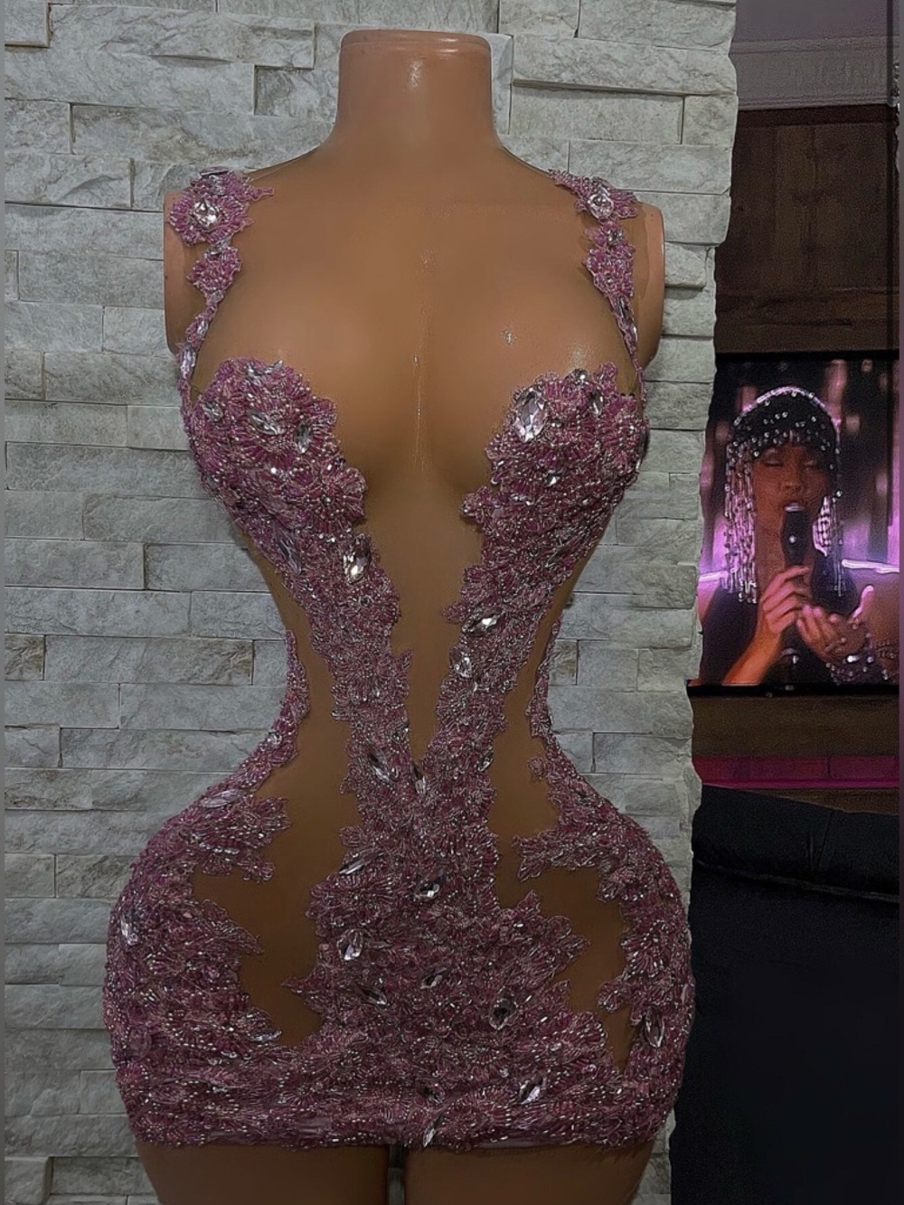 Evelyn Moda Couture Sweet B itch Rose Gold Crystal Lace Mini Dress Womens New